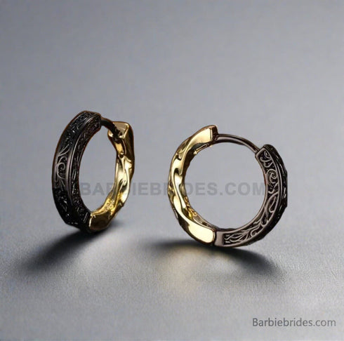 Uniquely Crafted Retro Tang Grass Grain Sense Textured Black Gold High-End Men & Women Hoop Earrings